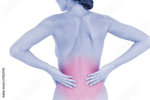 Rear view of a fit topless woman with back pain