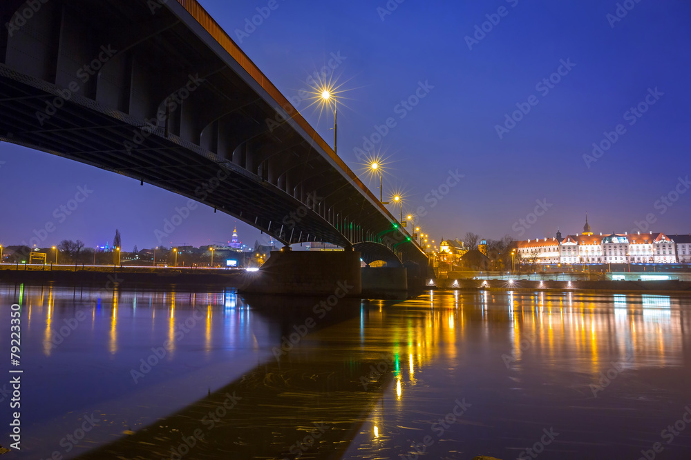 Vistula river scenery with bridge and Royal Castle in Warsaw