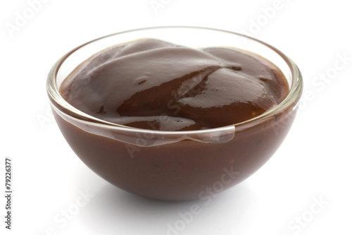 English brown sauce in small glass dish.