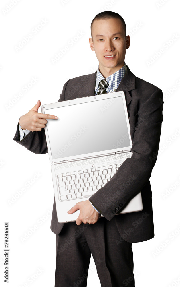 businessman with open laptop shows something businessman with open laptop shows something