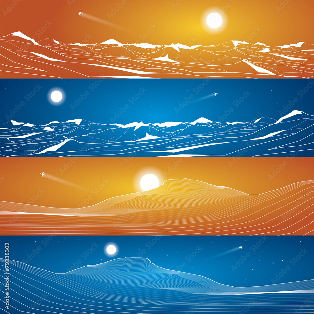 Sand dunes, snow-capped mountains, landscape view, vector design - obrazy, fototapety, plakaty 