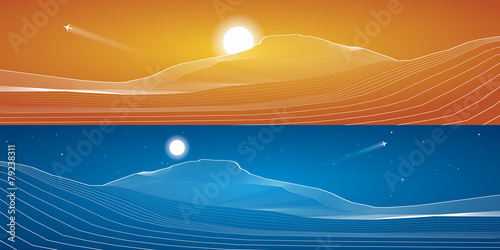 White lines, sand dunes, mountains, desert, panorama