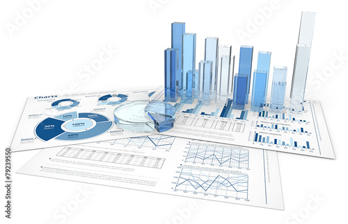 Analyze.Blue infographics with 3D graphs and charts of glass.