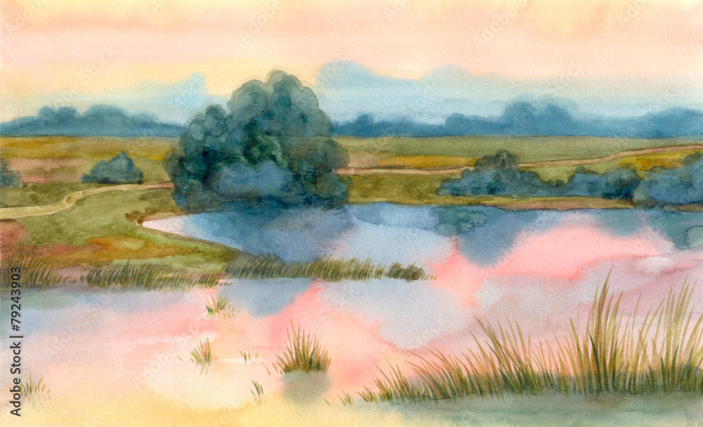 Obraz premium Morning mist over the summer lake