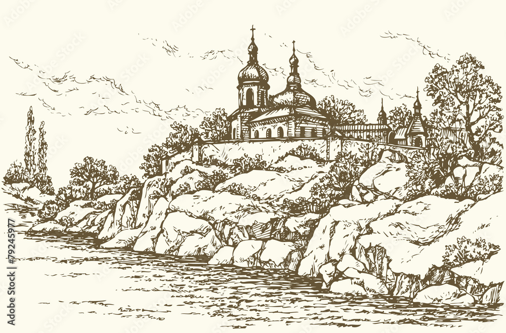 Monastery on the river. Vector drawing