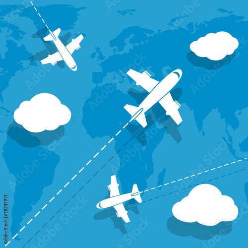 Aircraft flying over earth map