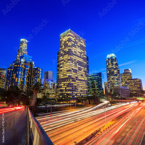 Downtown Los Angeles skyline during rush hour
