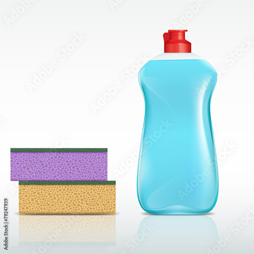 plastic bottle with detergent and sponge