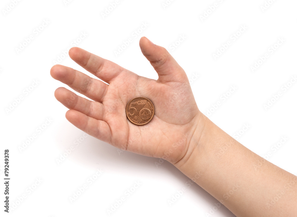 Coins in child's hand on white background Coins in child's hand on white background