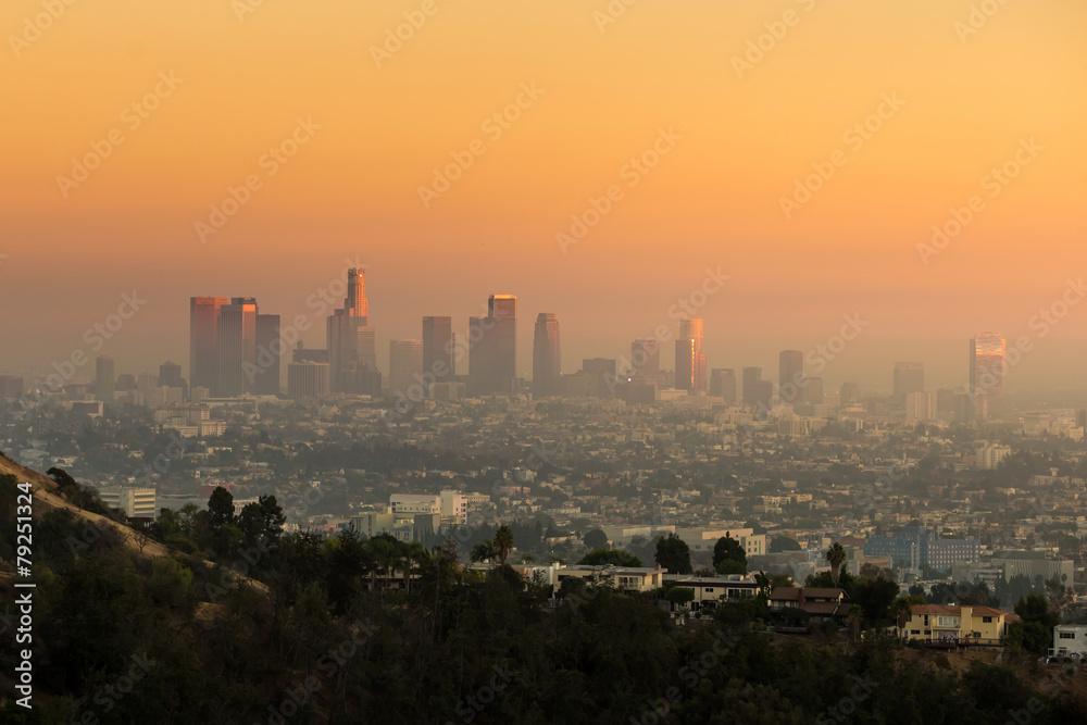 Downtown Los Angeles skyline at twilight