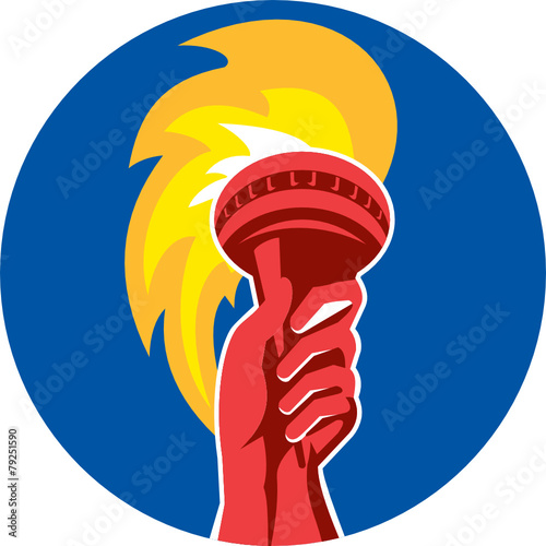 Hand Holding Burning Flaming Torch Circle Retro