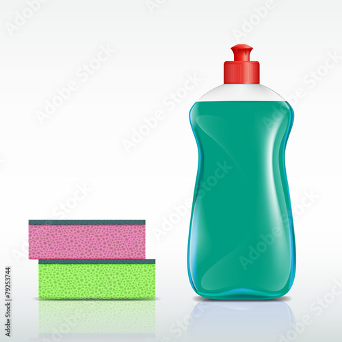 plastic bottle with detergent and sponge