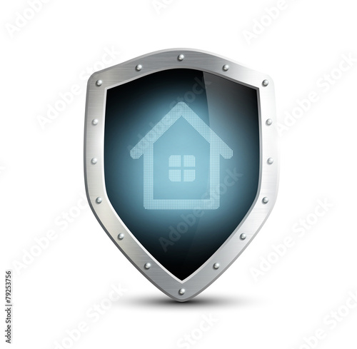 metal shield with the image of the house. isolated on white back
