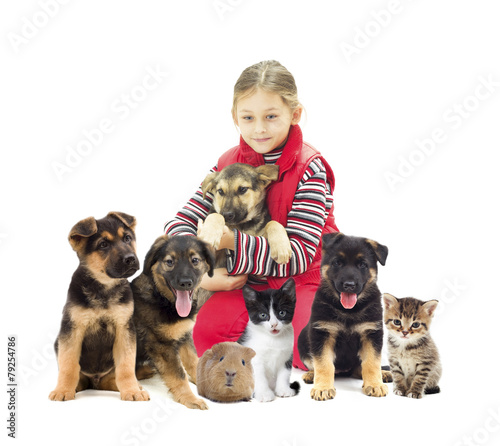 child and a puppy and kittens and guinea pig