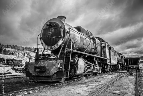 Old abandoned locomotive train, dramatic black and white version