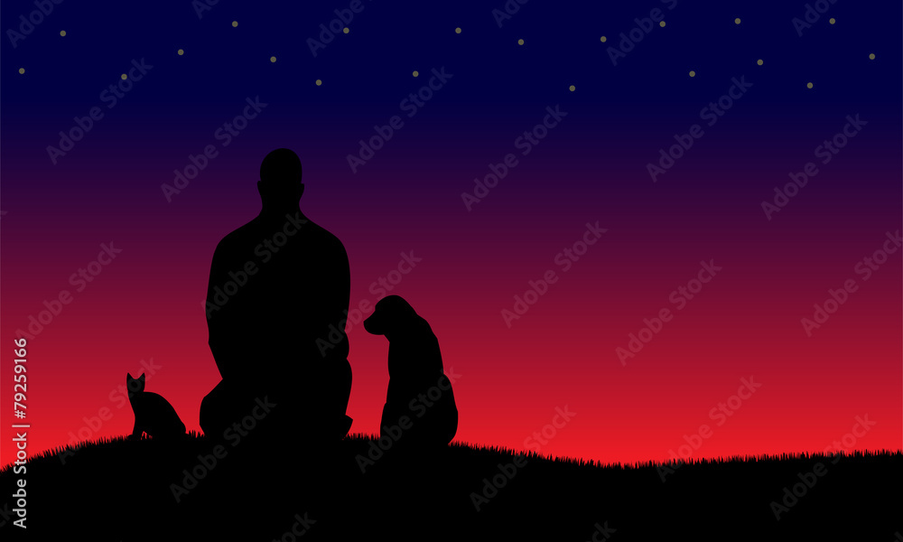 Silhouettes of dog and cat and man