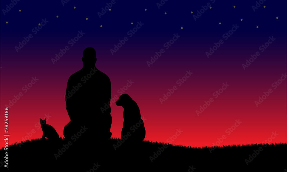 Silhouettes of dog and cat and man Silhouettes of dog and cat and man