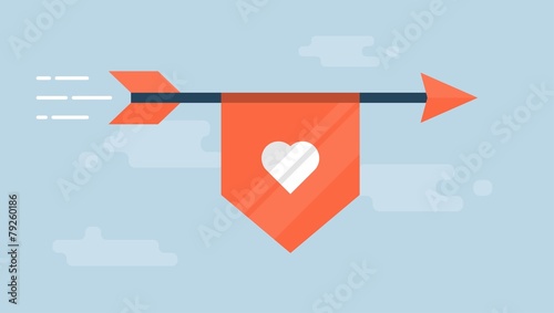 flaying arrow with a ribbon with a heart shape, vector flat styl