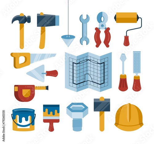 set of vector construction tools icons, flat style illustration
