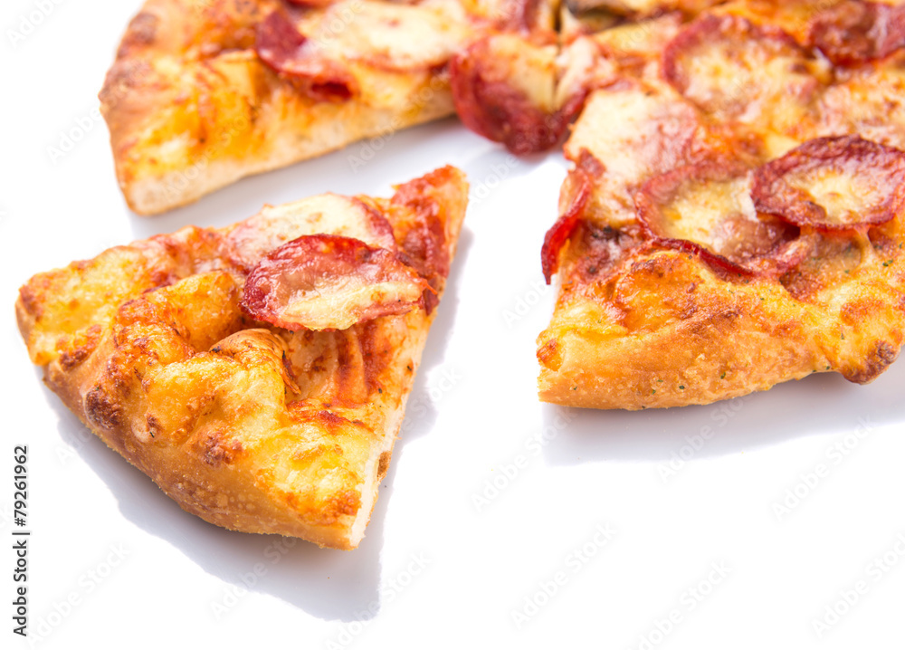 Pepperoni and cheese pizza over white background