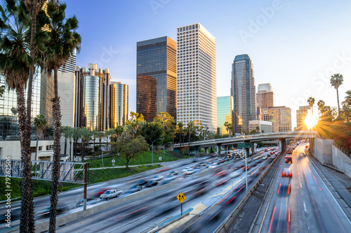 Los Angeles highway commuter traffic downtown skyline