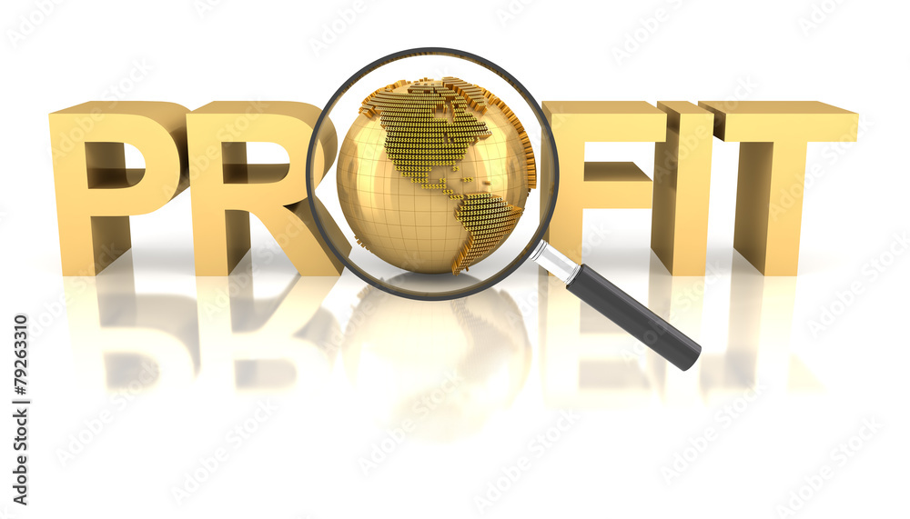 Profit word with golden globe and magnifying glass Profit word with golden globe and magnifying glass