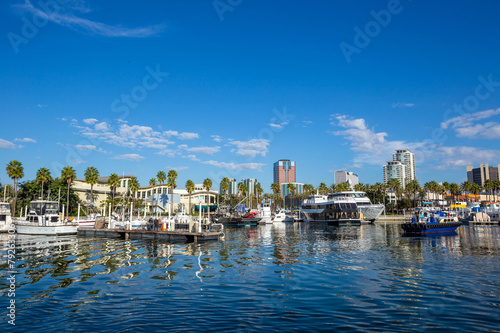 Long Beach Marina and city skyline, California.