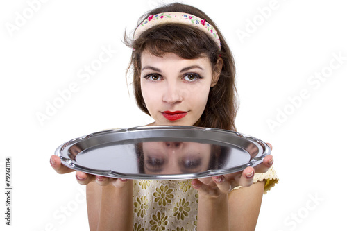 close up of a woman holding a blank tray for composites