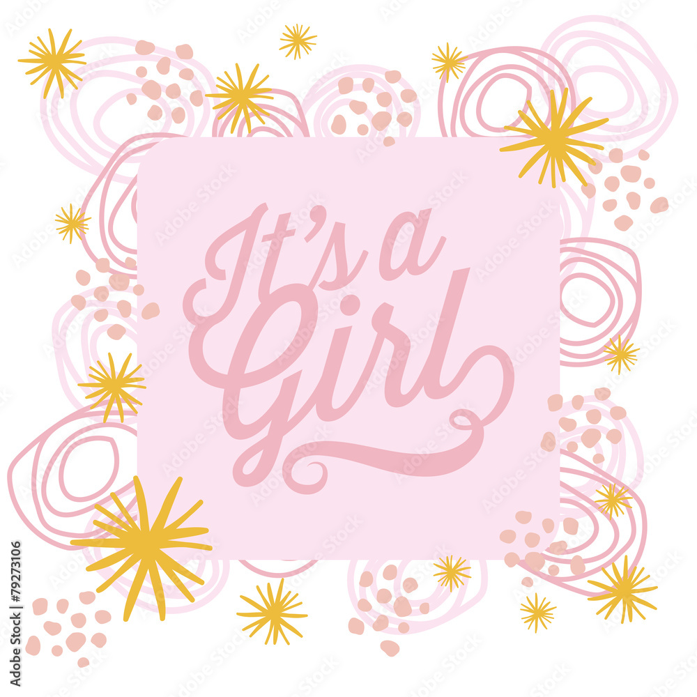 It’s a girl. Baby card with elements and stars. Vector design.