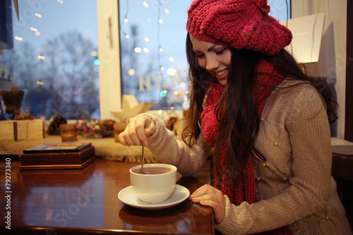 girl in a cafe in the winter