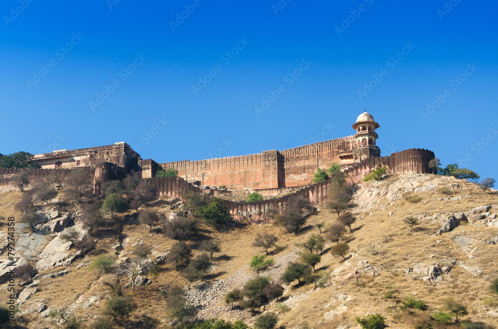 Ancient walls of Amber Fort with landscape in Jaipur