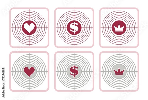 Targets of love money and power. Vector icons.