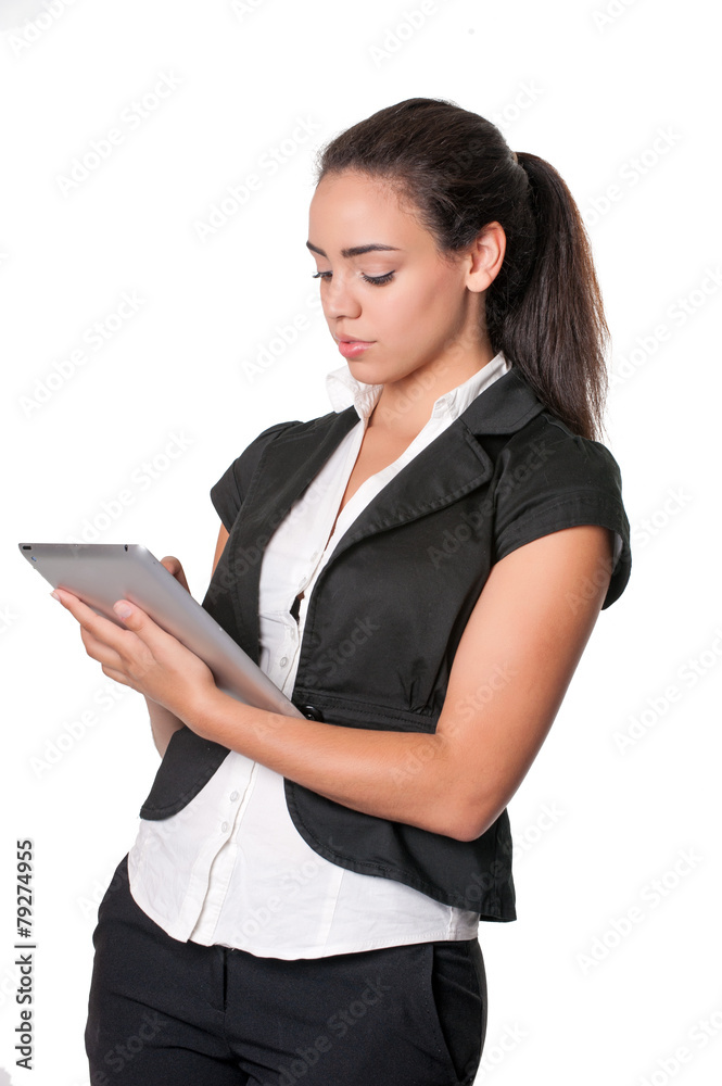 Beautiful young woman using tablet computer, isolated on white Beautiful young woman using tablet computer, isolated on white