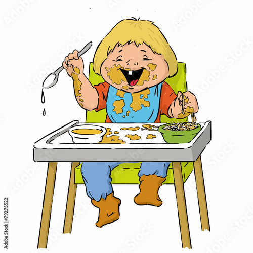 Two-year-old boy cartoon is having pasta in a high chair
