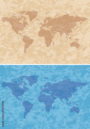 beige and blue grungy background with map - vector