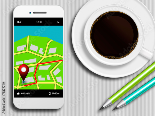 mobile phone with gps application, coffee and pencils lying on t