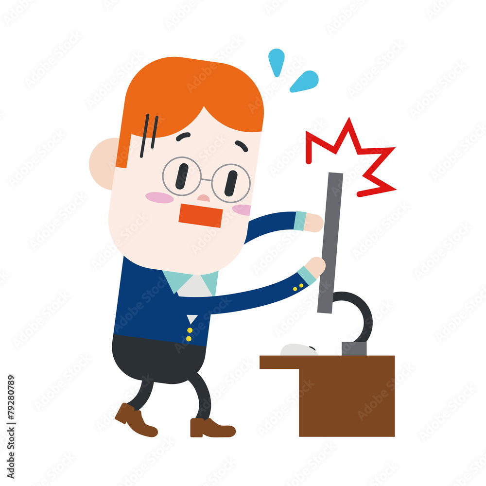 Character illustration design. Businessman broken computer carto Character illustration design. Businessman broken computer carto