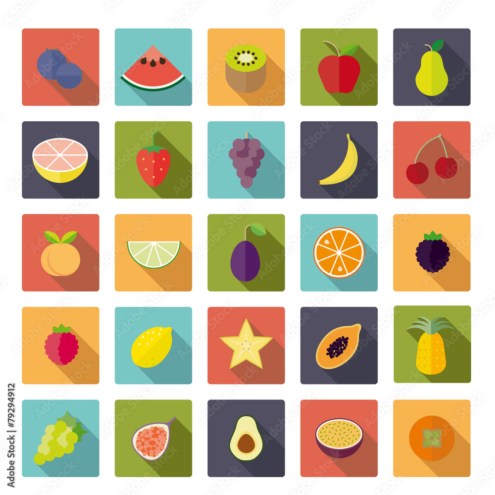 Naklejka Płaska konstrukcja owoców kwadrat wektor zestaw ikon