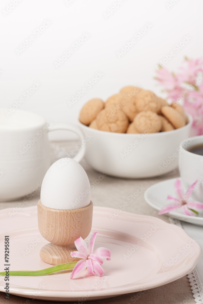 Hyacinth Flowers. Amaretti Biscuits. Boiled Egg. Cup Of Tea