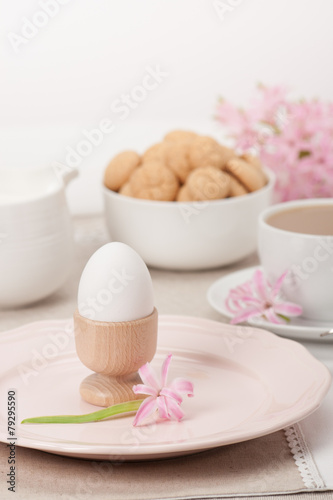 Hyacinth Flowers. Amaretti Biscuits. Boiled Egg. Cup Of Tea