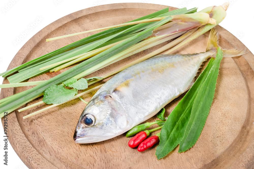 fresh mackerel fish with herbs and spices on white fresh mackerel fish with herbs and spices on white