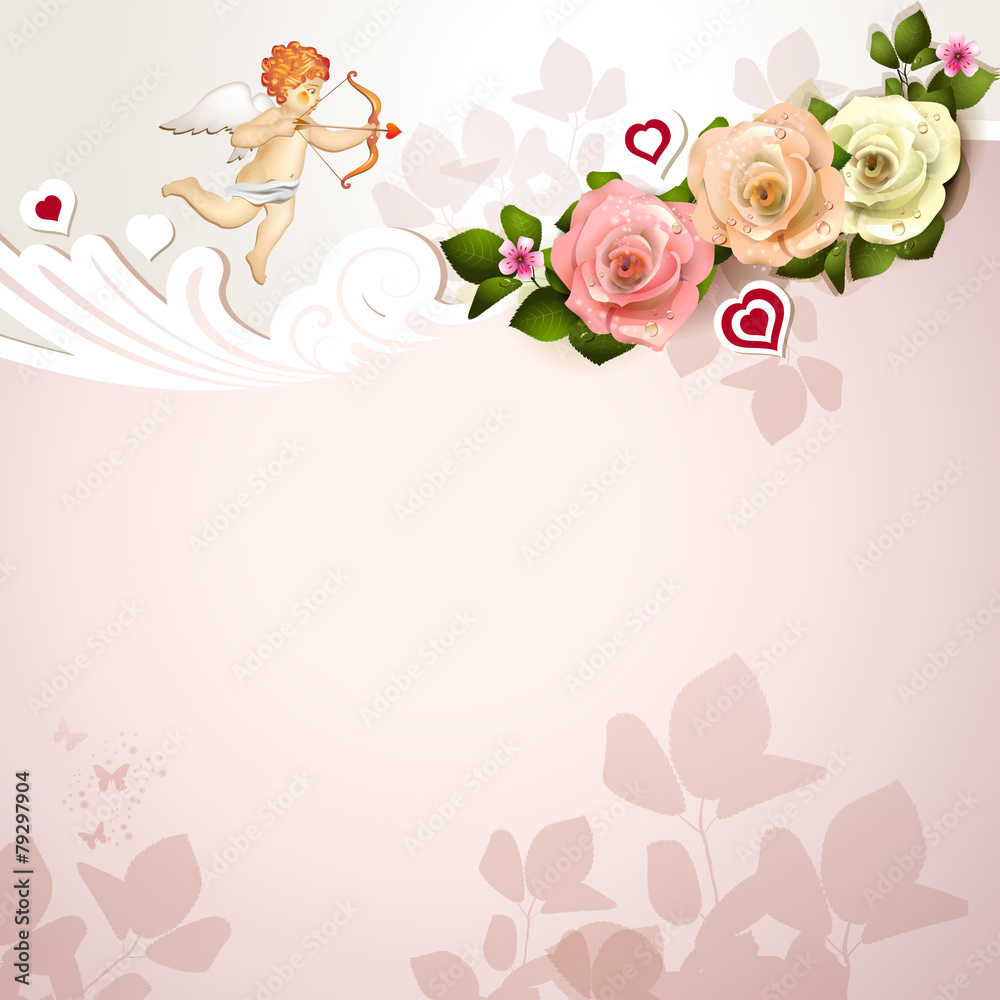 Valentine's day card with roses, hearts and cupid Valentine's day card with roses, hearts and cupid