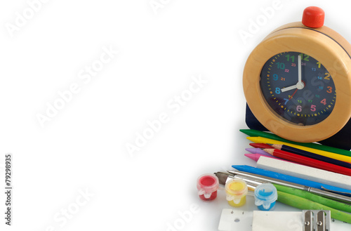 Back to School with Alarm Clock - Background Isolated on White
