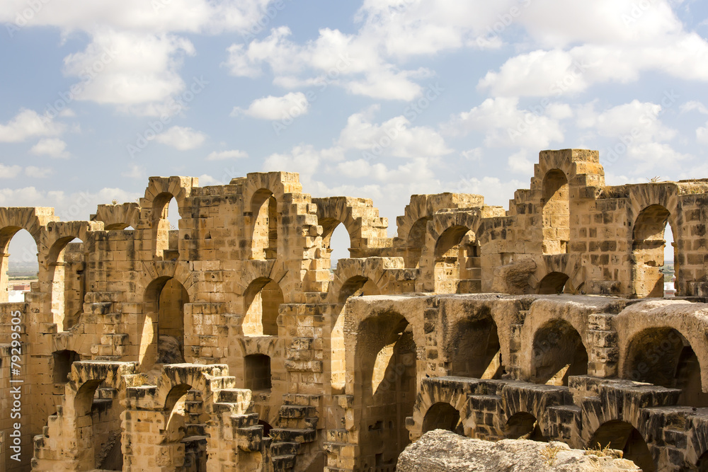 Naklejka premium El Jem Coliseum ruins in Tunisia fighting gladiator