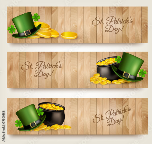 Three Saint Patrick's Day banners with lover leaves, green hat a