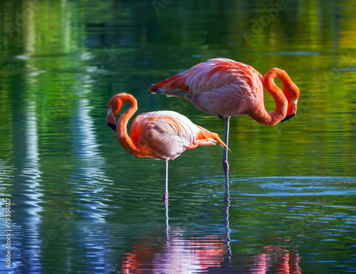 Two pink flamingos standing in the water. Stylized photo