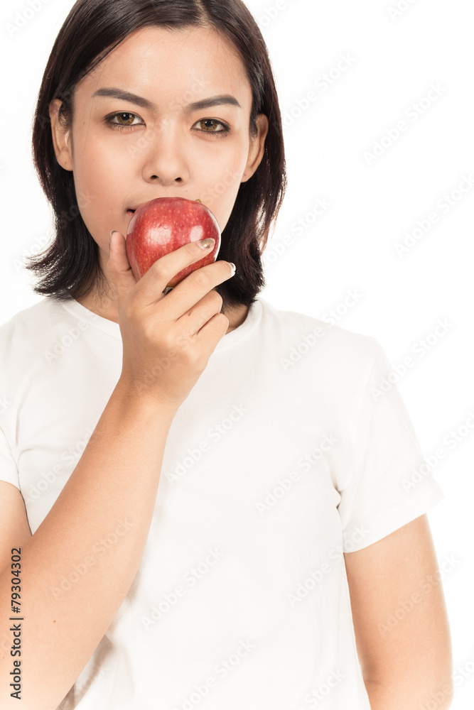 Smiling woman with apple isolated on white Smiling woman with apple isolated on white