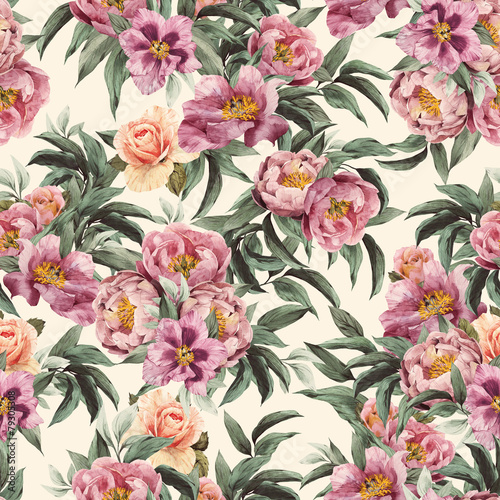 Seamless floral pattern with red, purple and pink roses on light