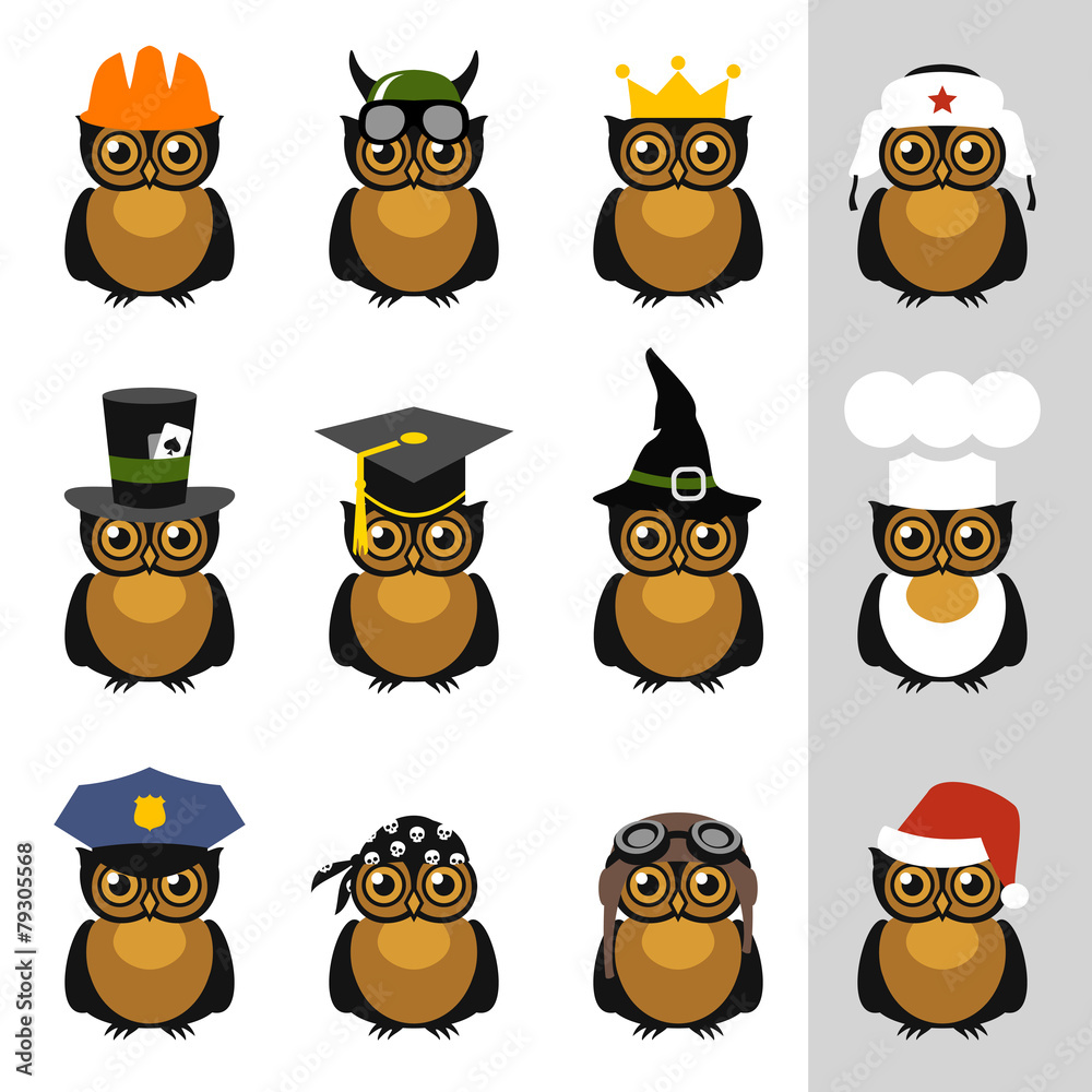 Owls with hat, helmet, cap, bandanna and crown