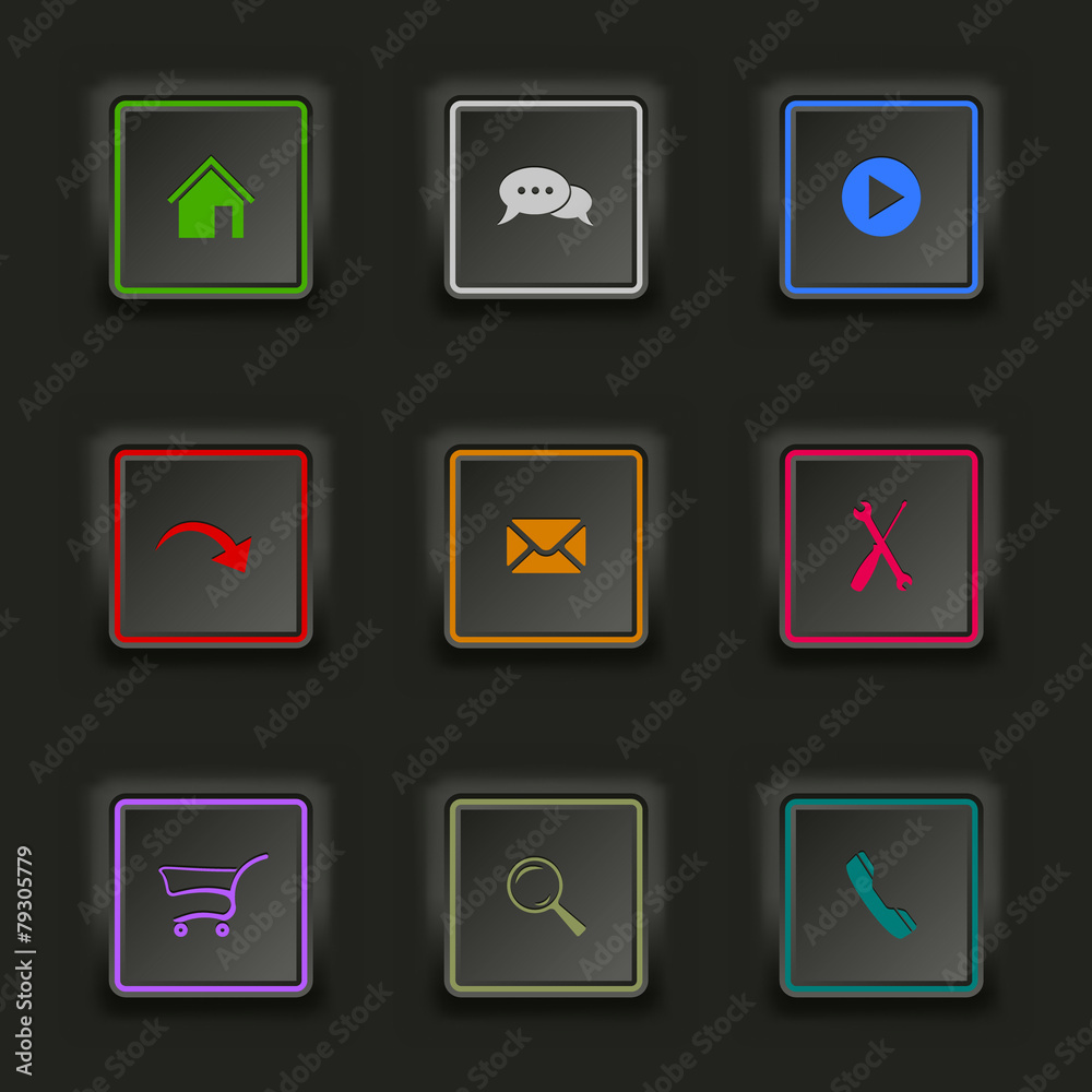Flat color web buttons square on a dark background Flat color web buttons square on a dark background